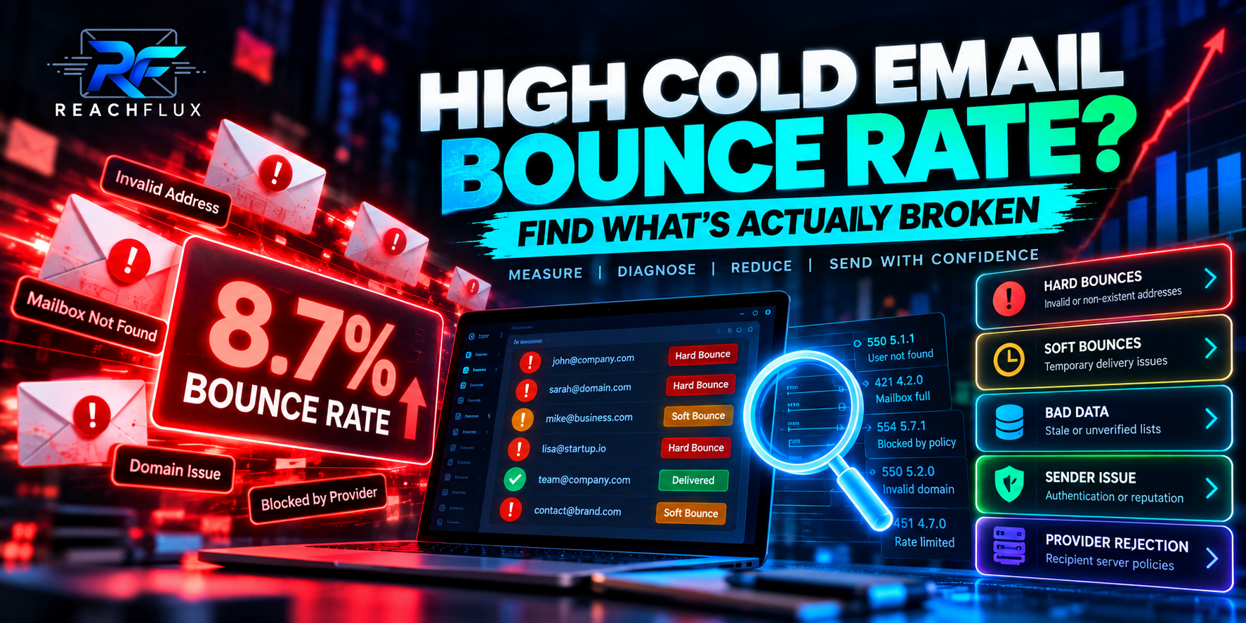 High cold email bounce rate diagnostic showing hard bounces soft bounces recipient quality and delivery failures