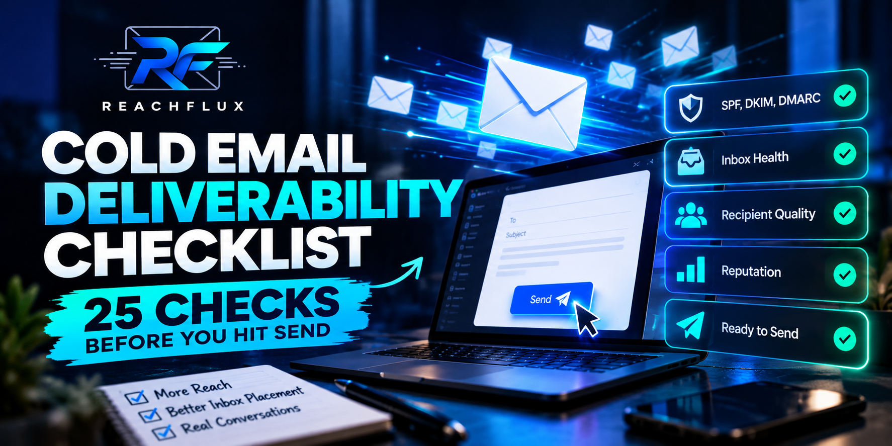 Cold email deliverability checklist covering SPF DKIM DMARC domains inboxes recipient validation reputation and sending behavior