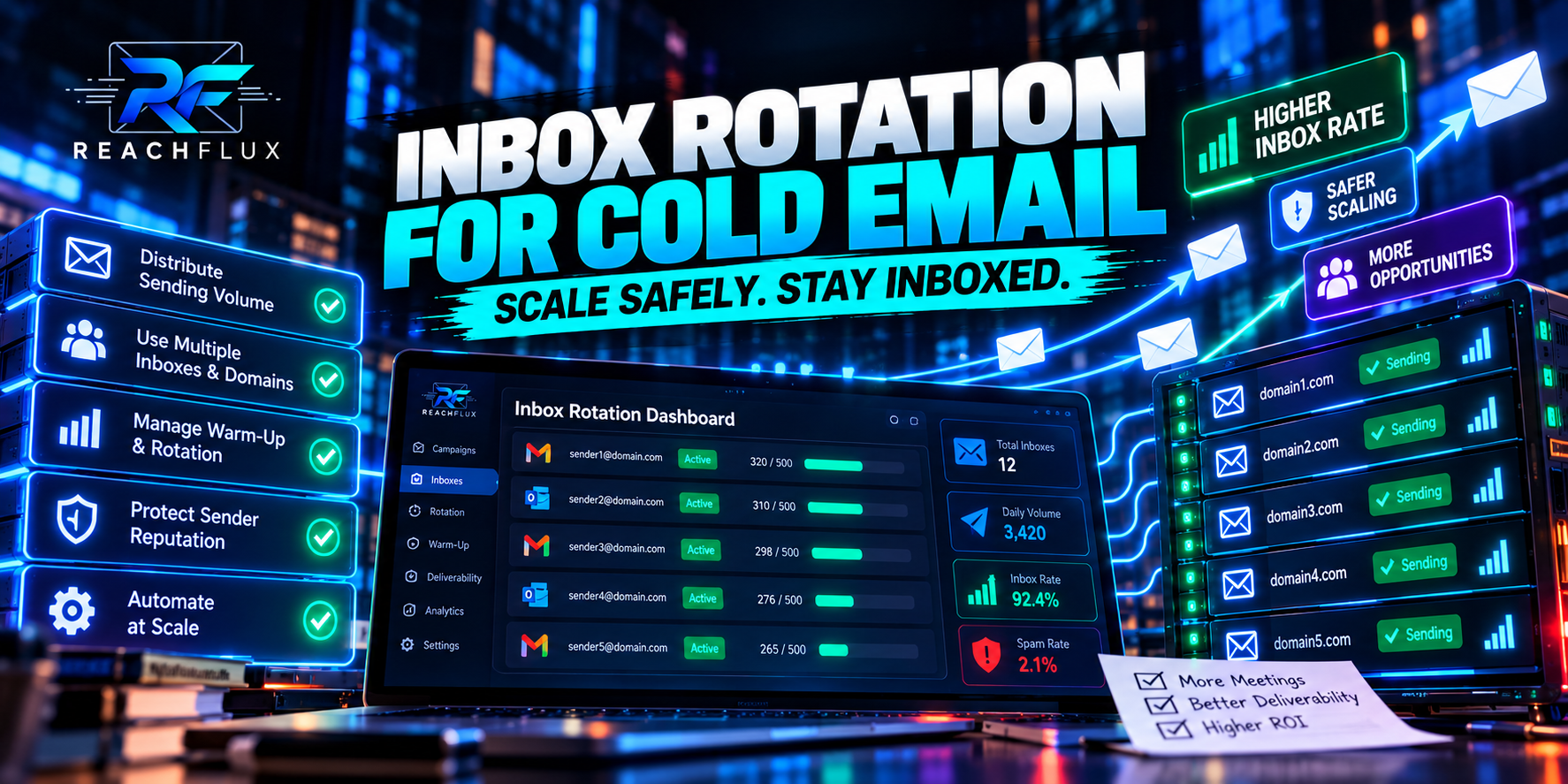 Cold email inbox rotation distributing outbound messages across multiple sender accounts and domains