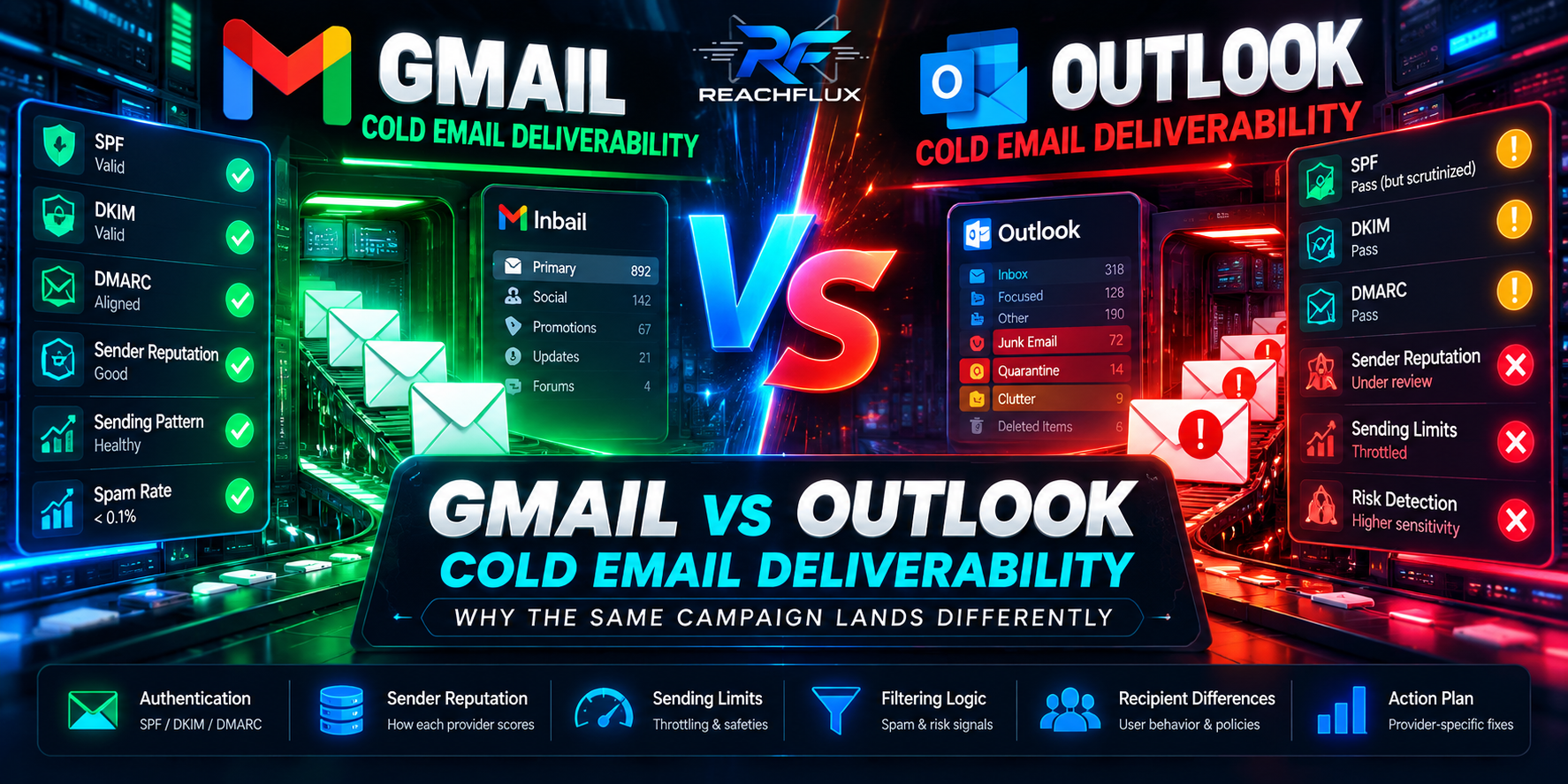 Gmail vs Outlook cold email deliverability diagnostic comparing authentication reputation filtering throttling and provider responses