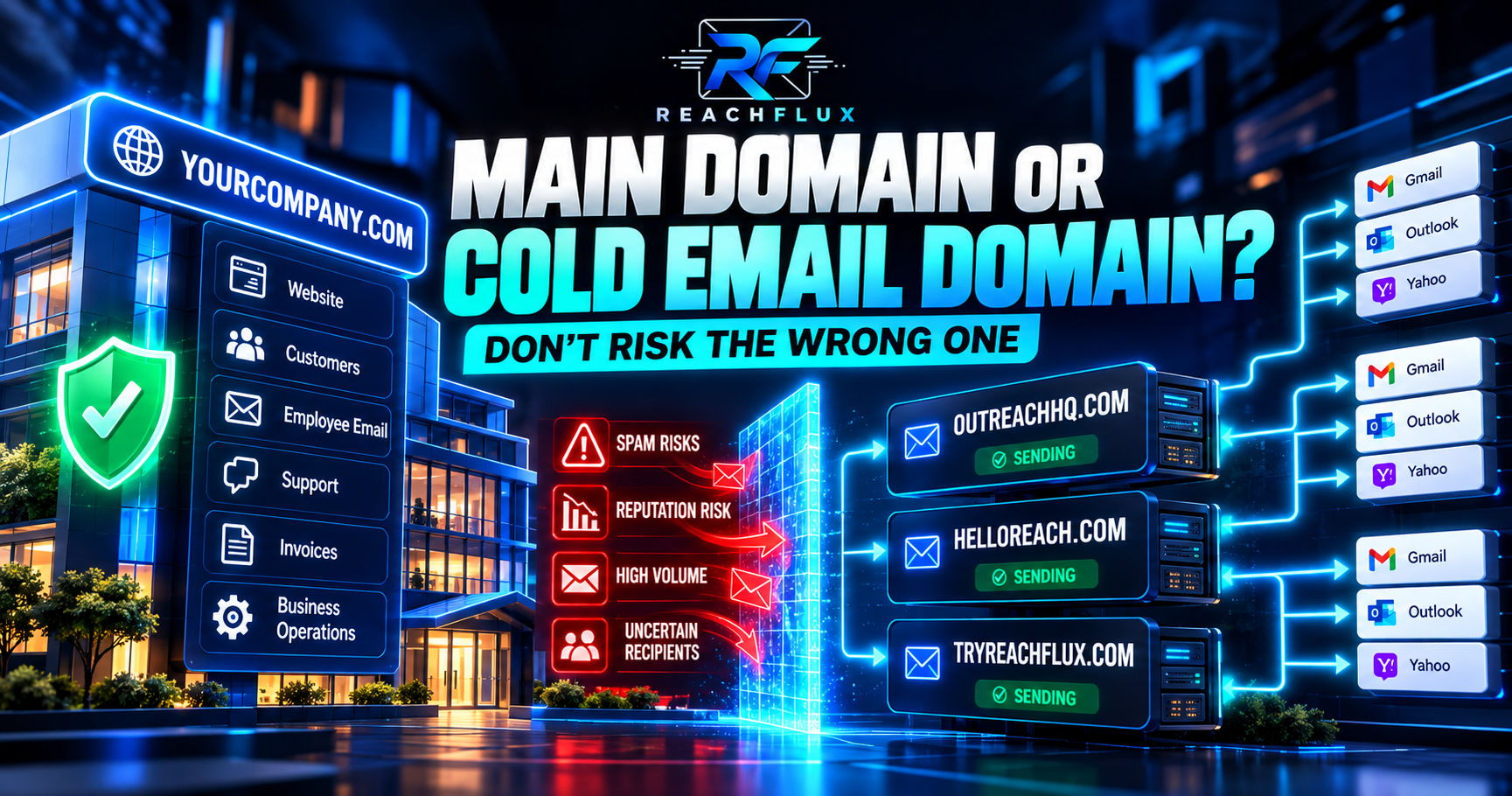 Primary domain versus cold email domain comparison showing separate outbound sending infrastructure