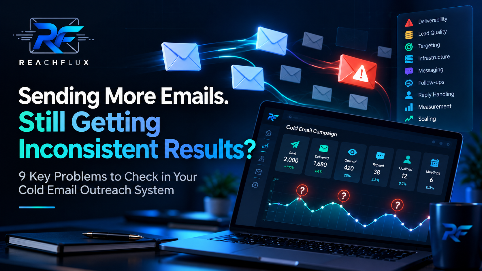 Cold email outbound dashboard comparing high sending volume with consistent qualified pipeline