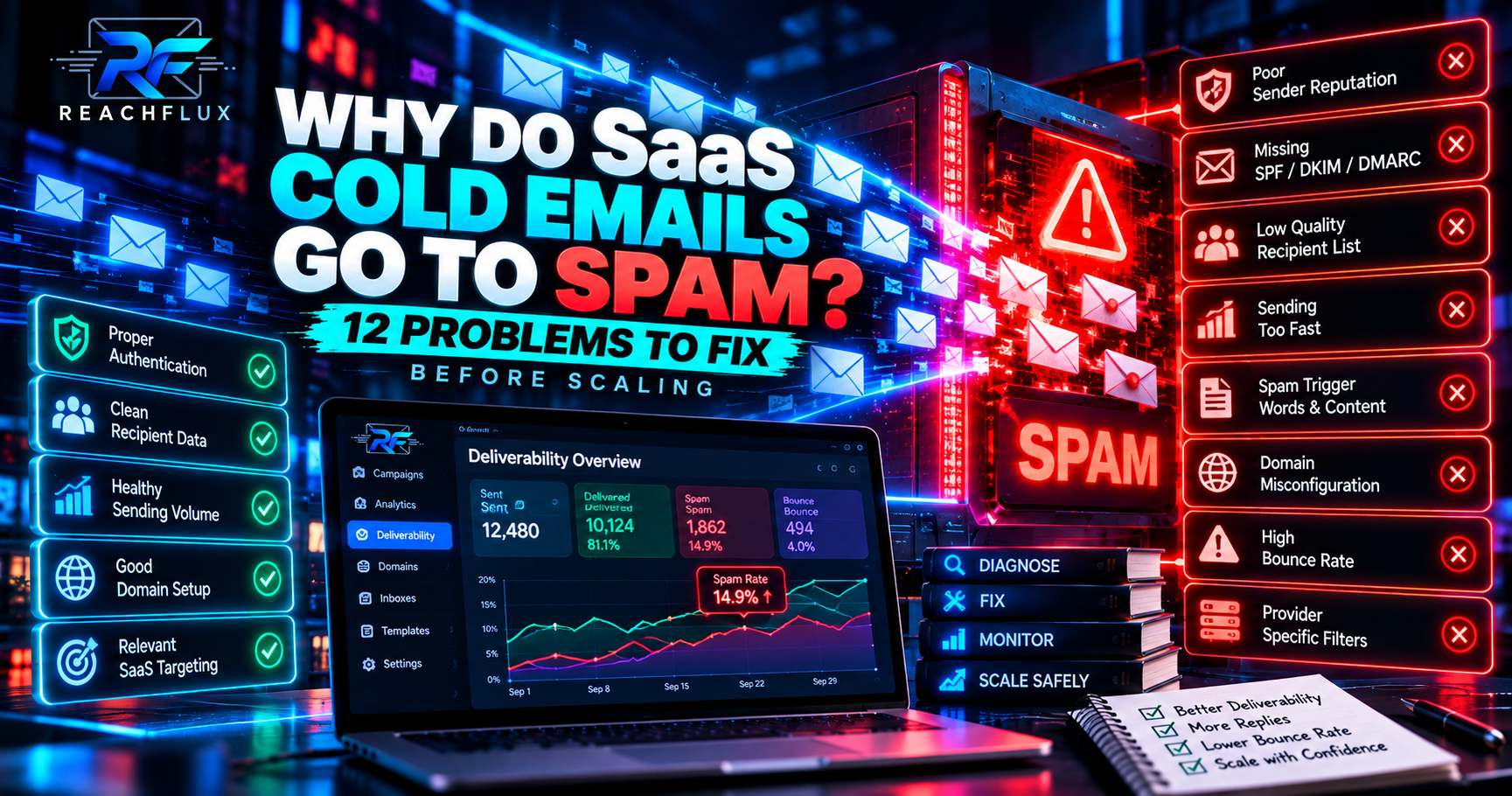 SaaS cold email campaign going to spam with sender reputation authentication volume and recipient quality diagnostics